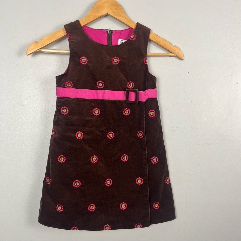 Lilly Pulitzer Girls 5 Brown Pink Floral Embroidered Belted corduroy Dress